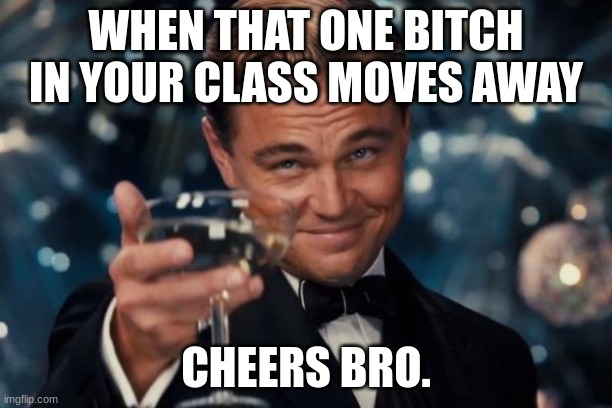 happened to me so many times, it feels great | WHEN THAT ONE BITCH IN YOUR CLASS MOVES AWAY; CHEERS BRO. | image tagged in memes,leonardo dicaprio cheers,bitch,say goodbye | made w/ Imgflip meme maker