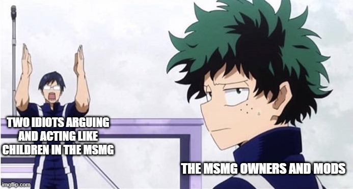 Yeah, THOSE TWO are some of the most stupid users on Imgflip. | TWO IDIOTS ARGUING AND ACTING LIKE CHILDREN IN THE MSMG; THE MSMG OWNERS AND MODS | image tagged in deku ignoring iida,deku,imgflip,imgflip users,my hero academia | made w/ Imgflip meme maker