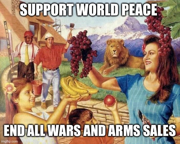 Peace | SUPPORT WORLD PEACE; END ALL WARS AND ARMS SALES | image tagged in peace | made w/ Imgflip meme maker