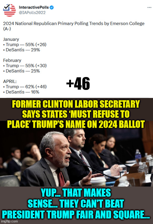 Cheating isn't enough this time... this time they have to get Trump removed from the ballot... | +46; FORMER CLINTON LABOR SECRETARY SAYS STATES ‘MUST REFUSE TO PLACE’ TRUMP’S NAME ON 2024 BALLOT; YUP... THAT MAKES SENSE... THEY CAN'T BEAT PRESIDENT TRUMP FAIR AND SQUARE... | image tagged in democrat,cheaters,rigged elections | made w/ Imgflip meme maker