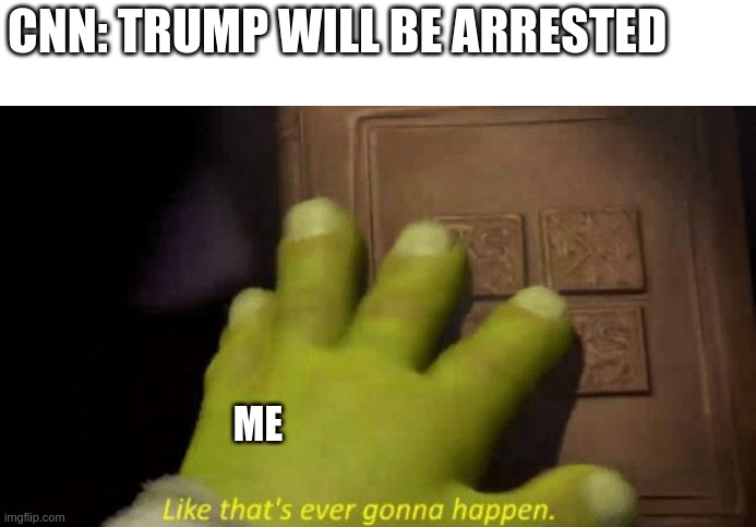 Like that's ever gonna happen. | CNN: TRUMP WILL BE ARRESTED; ME | image tagged in like that's ever gonna happen,donald trump,trump,politics | made w/ Imgflip meme maker