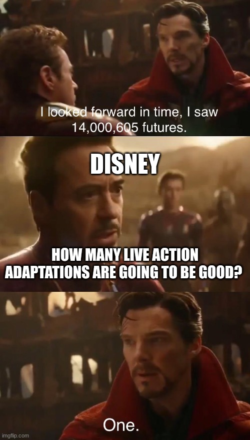 Dr. Strange’s Futures | DISNEY; HOW MANY LIVE ACTION ADAPTATIONS ARE GOING TO BE GOOD? | image tagged in dr strange s futures | made w/ Imgflip meme maker