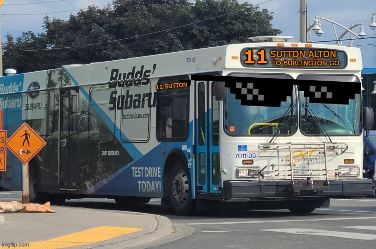 7011-09 but it has the meme glasses and it's my favourite route! | SUTTON ALTON; 11; TO BURLINGTON GO; 11 SUTTON | image tagged in 7011-09 with meme glasses but it's just better | made w/ Imgflip meme maker