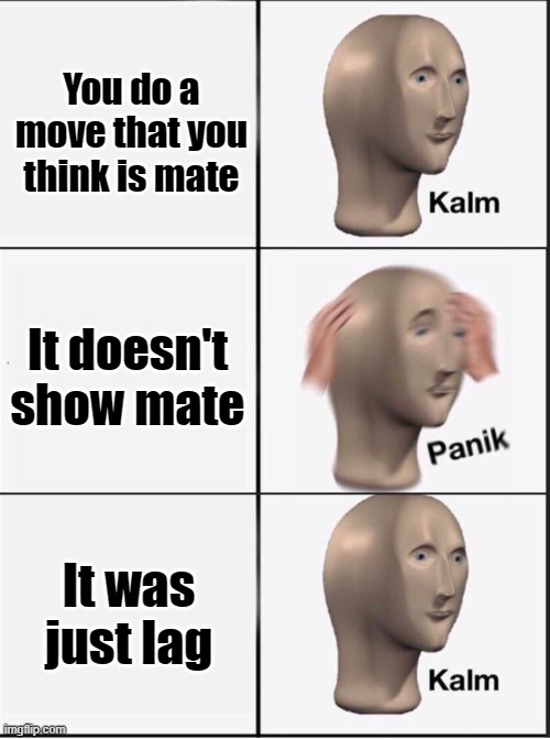 Why does Chess.com do this though | You do a move that you think is mate; It doesn't show mate; It was just lag | image tagged in reverse kalm panik | made w/ Imgflip meme maker