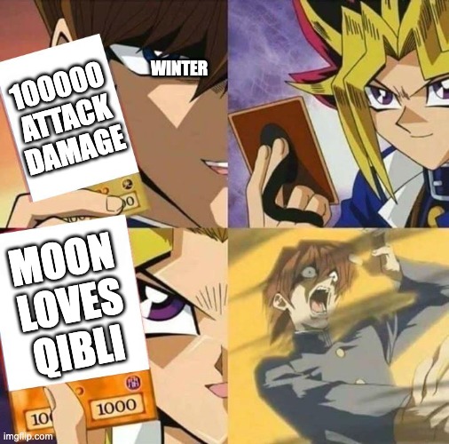 Attack | WINTER; 100000 ATTACK DAMAGE; MOON LOVES QIBLI | image tagged in yugioh card draw | made w/ Imgflip meme maker