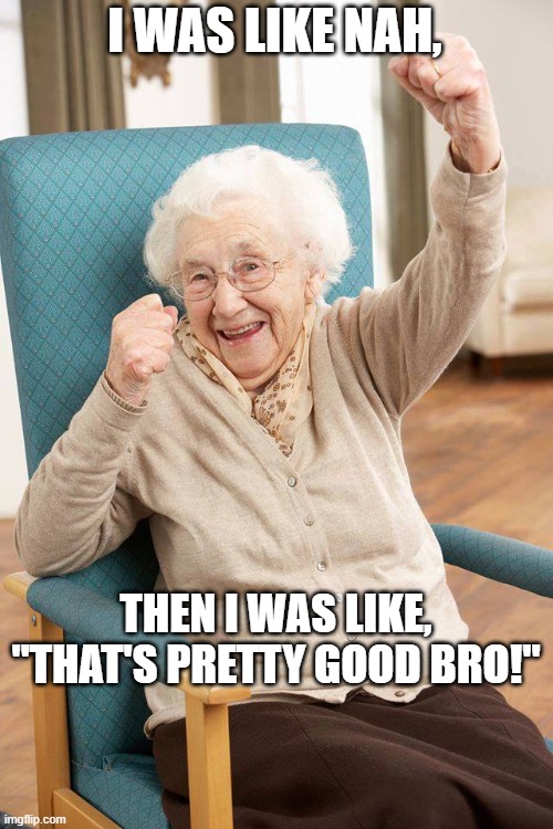 old lady | I WAS LIKE NAH, THEN I WAS LIKE, "THAT'S PRETTY GOOD BRO!" | image tagged in old lady | made w/ Imgflip meme maker