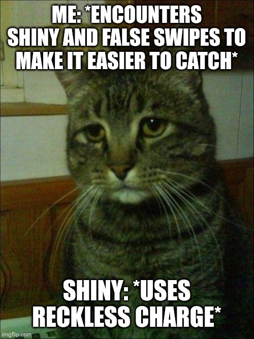 Depressed Cat | ME: *ENCOUNTERS SHINY AND FALSE SWIPES TO MAKE IT EASIER TO CATCH*; SHINY: *USES RECKLESS CHARGE* | image tagged in memes,depressed cat | made w/ Imgflip meme maker