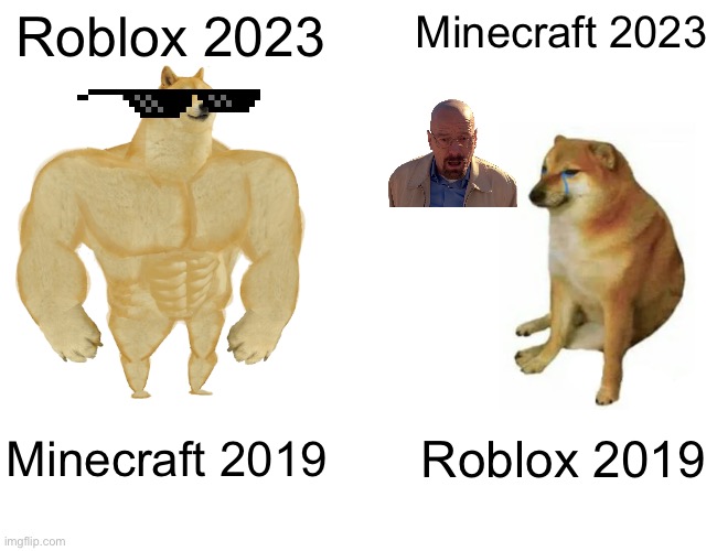 Buff Doge vs. Cheems | Roblox 2023; Minecraft 2023; Minecraft 2019; Roblox 2019 | image tagged in memes,buff doge vs cheems | made w/ Imgflip meme maker