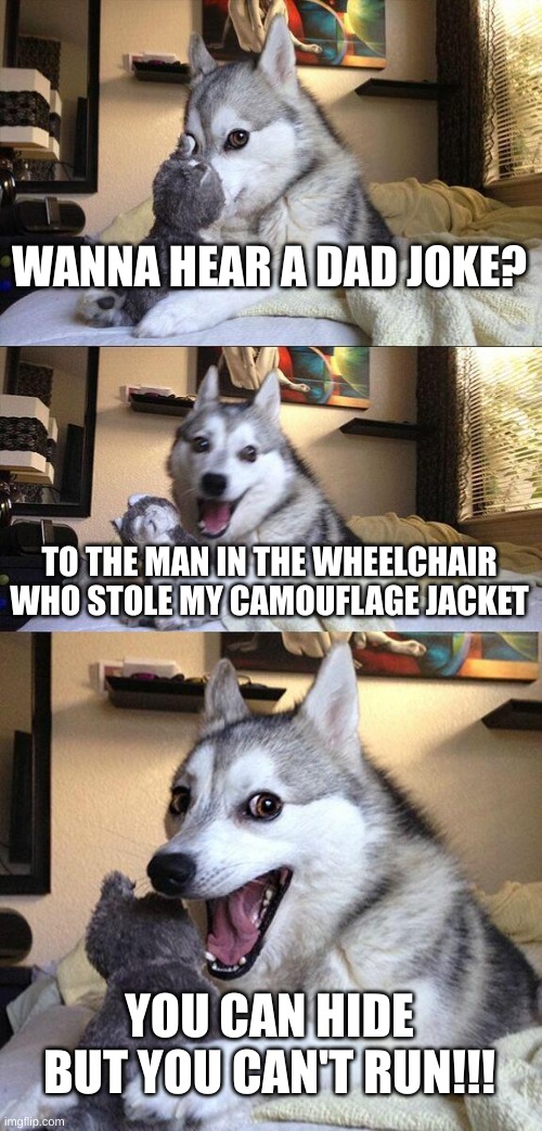 Bad Pun Dog | WANNA HEAR A DAD JOKE? TO THE MAN IN THE WHEELCHAIR WHO STOLE MY CAMOUFLAGE JACKET; YOU CAN HIDE BUT YOU CAN'T RUN!!! | image tagged in memes,bad pun dog,dad joke,funny | made w/ Imgflip meme maker