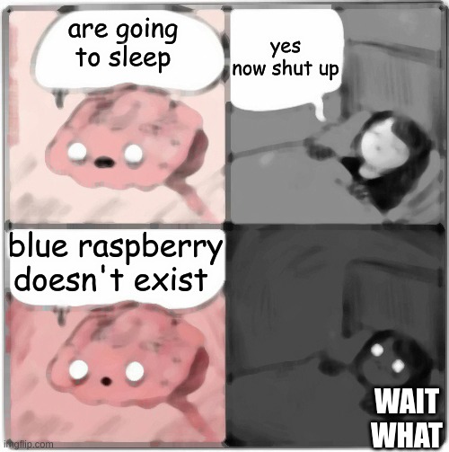 fact | yes now shut up; are going to sleep; blue raspberry doesn't exist; WAIT WHAT | image tagged in brain before sleep,facts | made w/ Imgflip meme maker