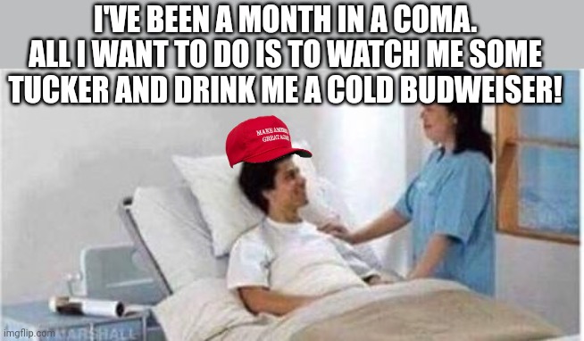 Magawhine | I'VE BEEN A MONTH IN A COMA.
ALL I WANT TO DO IS TO WATCH ME SOME TUCKER AND DRINK ME A COLD BUDWEISER! | image tagged in conservative,republican,tucker carlson,budweiser,democrat,liberal | made w/ Imgflip meme maker