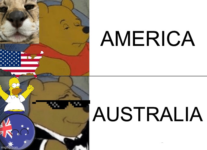 That is me lolz XD | AMERICA; AUSTRALIA | image tagged in memes,tuxedo winnie the pooh | made w/ Imgflip meme maker