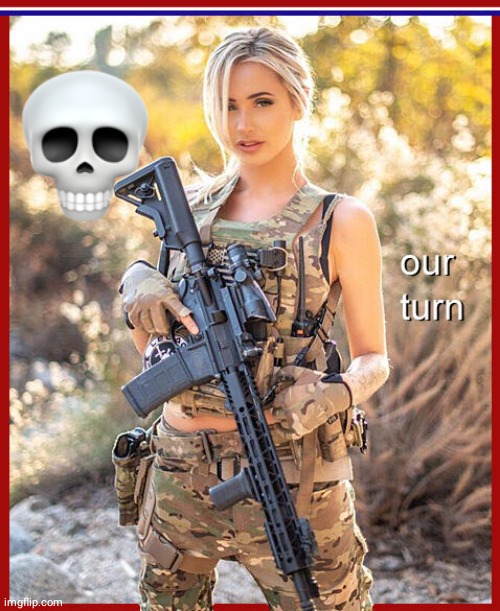 Hot babe with guns | image tagged in skull | made w/ Imgflip meme maker