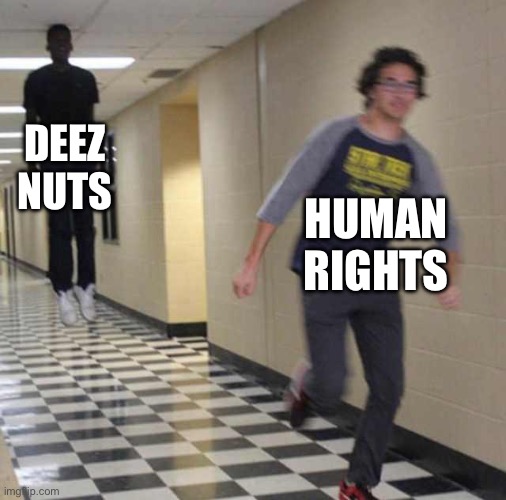 real | DEEZ NUTS; HUMAN RIGHTS | image tagged in floating boy chasing running boy | made w/ Imgflip meme maker