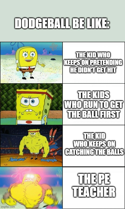 w pe teacher | DODGEBALL BE LIKE:; THE KID WHO KEEPS ON PRETENDING HE DIDN'T GET HIT; THE KIDS WHO RUN TO GET THE BALL FIRST; THE KID  WHO KEEPS ON CATCHING THE BALLS; THE PE TEACHER | image tagged in sponge finna commit muder,memes | made w/ Imgflip meme maker