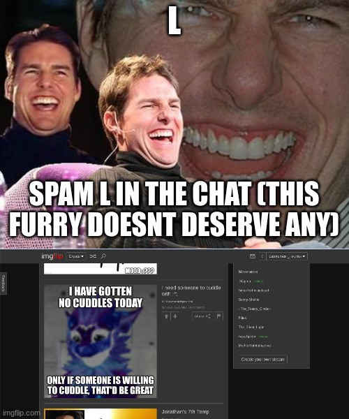 L; SPAM L IN THE CHAT (THIS FURRY DOESNT DESERVE ANY) | image tagged in tom cruise laugh | made w/ Imgflip meme maker