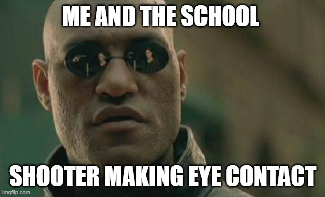 Relatable | ME AND THE SCHOOL; SHOOTER MAKING EYE CONTACT | image tagged in memes,matrix morpheus,school,school shooting,school shooter | made w/ Imgflip meme maker