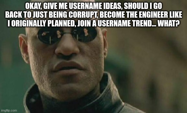 Matrix Morpheus Meme | OKAY, GIVE ME USERNAME IDEAS, SHOULD I GO BACK TO JUST BEING CORRUPT, BECOME THE ENGINEER LIKE I ORIGINALLY PLANNED, JOIN A USERNAME TREND... WHAT? | image tagged in memes,matrix morpheus | made w/ Imgflip meme maker