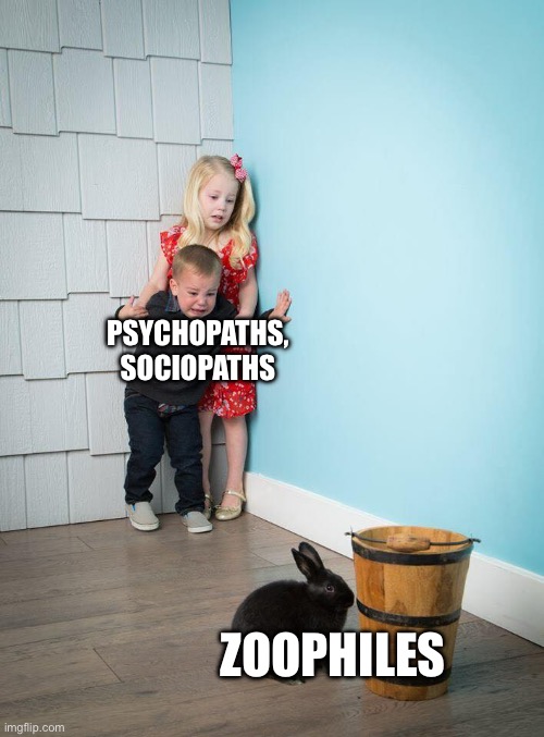 Not sure where to put this one | PSYCHOPATHS, SOCIOPATHS; ZOOPHILES | image tagged in kids afraid of rabbit | made w/ Imgflip meme maker