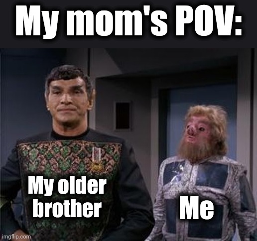 I wasn't her favorite | My mom's POV:; My older
brother; Me | image tagged in memes,sarek,tellerite,star trek,my mom,my brother | made w/ Imgflip meme maker