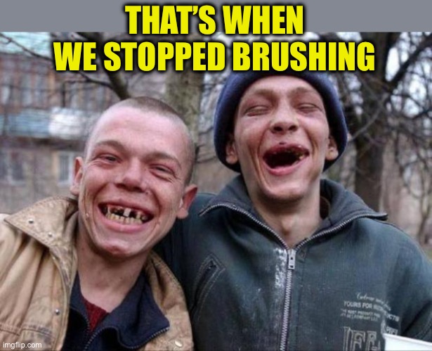 No teeth | THAT’S WHEN WE STOPPED BRUSHING | image tagged in no teeth | made w/ Imgflip meme maker