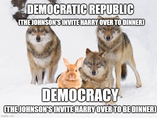 Democratic Republic Explained | DEMOCRATIC REPUBLIC; (THE JOHNSON'S INVITE HARRY OVER TO DINNER); DEMOCRACY; (THE JOHNSON'S INVITE HARRY OVER TO BE DINNER) | image tagged in democratic republic | made w/ Imgflip meme maker