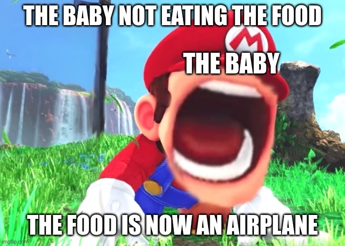 Mario screaming | THE BABY NOT EATING THE FOOD; THE BABY; THE FOOD IS NOW AN AIRPLANE | image tagged in mario screaming | made w/ Imgflip meme maker