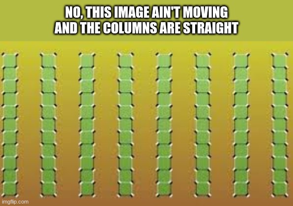 NO, THIS IMAGE AIN'T MOVING
AND THE COLUMNS ARE STRAIGHT | made w/ Imgflip meme maker