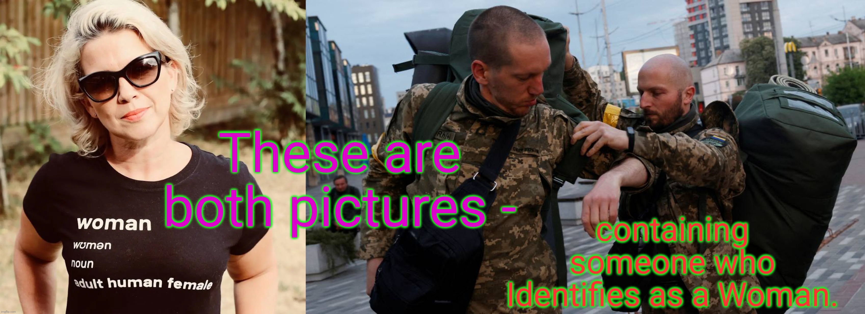 These are both pictures - containing someone who Identifies as a Woman. | made w/ Imgflip meme maker