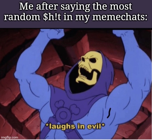 Laughs in evil | Me after saying the most random $h!t in my memechats: | image tagged in laughs in evil | made w/ Imgflip meme maker