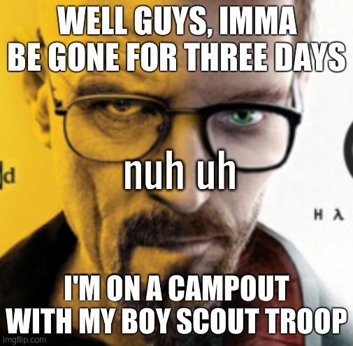 Bye bitches | WELL GUYS, IMMA BE GONE FOR THREE DAYS; I'M ON A CAMPOUT WITH MY BOY SCOUT TROOP | image tagged in breaking bad / half life 2 nuh uh | made w/ Imgflip meme maker