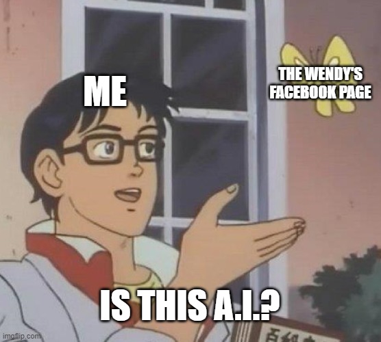 Is this A.I.? | THE WENDY'S FACEBOOK PAGE; ME; IS THIS A.I.? | image tagged in memes,is this a pigeon,wendy's,artificial intelligence | made w/ Imgflip meme maker