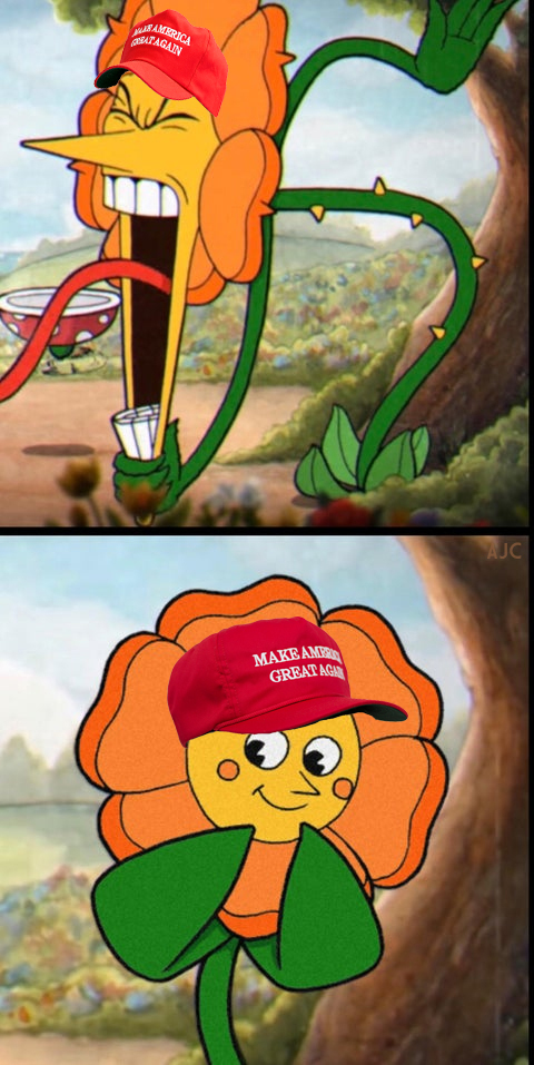 High Quality ANGRY FLOWER-HAPPY FLOWER BUT WITH MAGA HATS Blank Meme Template