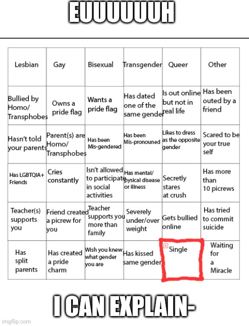 LGBTQIA+ Bingo!! | EUUUUUUH I CAN EXPLAIN- | image tagged in lgbtqia bingo | made w/ Imgflip meme maker