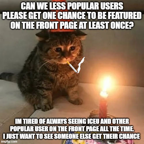 #JusticeForSmallerUsers | CAN WE LESS POPULAR USERS PLEASE GET ONE CHANCE TO BE FEATURED ON THE FRONT PAGE AT LEAST ONCE? IM TIRED OF ALWAYS SEEING ICEU AND OTHER POPULAR USER ON THE FRONT PAGE ALL THE TIME. I JUST WANT TO SEE SOMEONE ELSE GET THEIR CHANCE | image tagged in sad kitty alone on their birthday,front page plz,new users | made w/ Imgflip meme maker