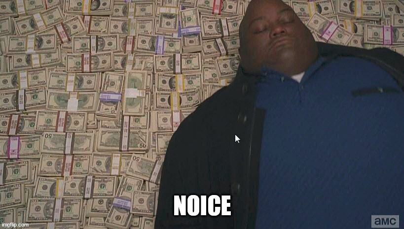 Fat guy laying on money | NOICE | image tagged in fat guy laying on money | made w/ Imgflip meme maker