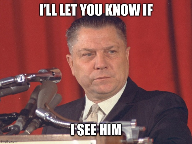 Jimmy Hoffa | I’LL LET YOU KNOW IF I SEE HIM | image tagged in jimmy hoffa | made w/ Imgflip meme maker