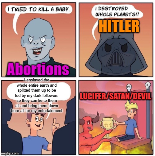 Number 1 Evil belongs to you Lucifer! The most purest of evil! | HITLER; Abortions; I enslaved the whole entire earth and splitted them up to be led by my dark followers so they can lie to them all and bring them down here all for my entertainment; LUCIFER/SATAN/DEVIL | image tagged in 1 trophy | made w/ Imgflip meme maker