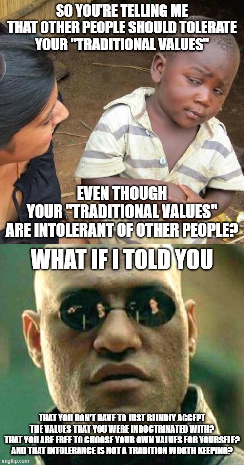 There is only one traditional value: Not thinking for yourself about what you value and why you choose to value it. | SO YOU'RE TELLING ME
THAT OTHER PEOPLE SHOULD TOLERATE
YOUR "TRADITIONAL VALUES"; EVEN THOUGH
YOUR "TRADITIONAL VALUES"
ARE INTOLERANT OF OTHER PEOPLE? WHAT IF I TOLD YOU; THAT YOU DON'T HAVE TO JUST BLINDLY ACCEPT
THE VALUES THAT YOU WERE INDOCTRINATED WITH?
THAT YOU ARE FREE TO CHOOSE YOUR OWN VALUES FOR YOURSELF?
AND THAT INTOLERANCE IS NOT A TRADITION WORTH KEEPING? | image tagged in memes,third world skeptical kid,what if i told you,values,tolerance,tradition | made w/ Imgflip meme maker