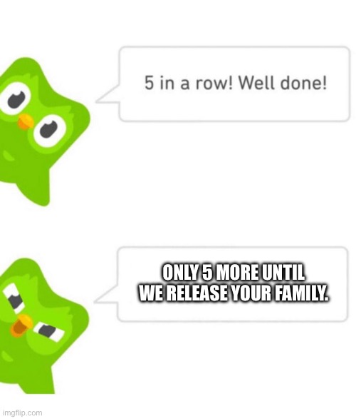 Duolingo 5 in a row | ONLY 5 MORE UNTIL WE RELEASE YOUR FAMILY. | image tagged in duolingo 5 in a row | made w/ Imgflip meme maker