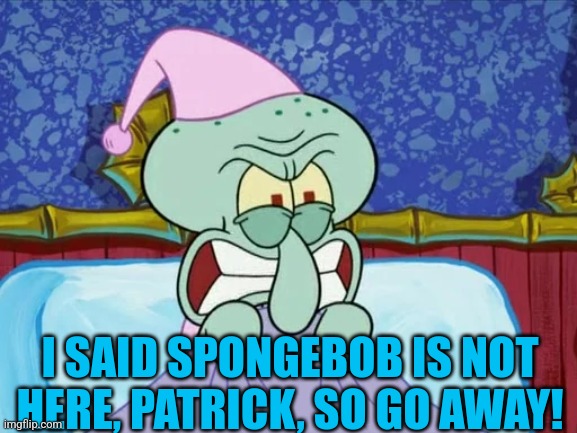 Squidward angry | I SAID SPONGEBOB IS NOT HERE, PATRICK, SO GO AWAY! | image tagged in squidward angry | made w/ Imgflip meme maker