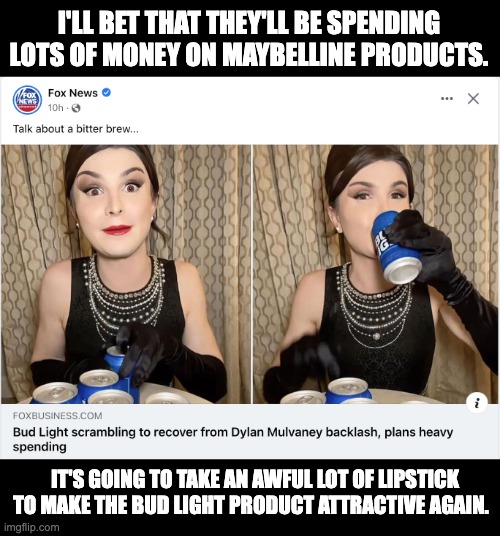 Lipstick on a pig | I'LL BET THAT THEY'LL BE SPENDING LOTS OF MONEY ON MAYBELLINE PRODUCTS. IT'S GOING TO TAKE AN AWFUL LOT OF LIPSTICK TO MAKE THE BUD LIGHT PRODUCT ATTRACTIVE AGAIN. | image tagged in woke | made w/ Imgflip meme maker