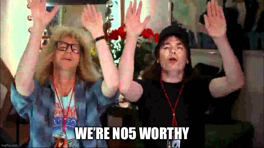 Wayne's World, We're Not Worthy | WE’RE NO5 WORTHY | image tagged in wayne's world we're not worthy | made w/ Imgflip meme maker