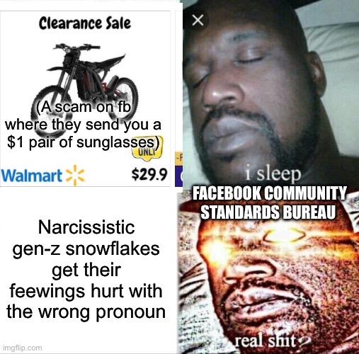 (A scam on fb where they send you a $1 pair of sunglasses); FACEBOOK COMMUNITY STANDARDS BUREAU; Narcissistic gen-z snowflakes get their feewings hurt with the wrong pronoun | image tagged in facebook | made w/ Imgflip meme maker