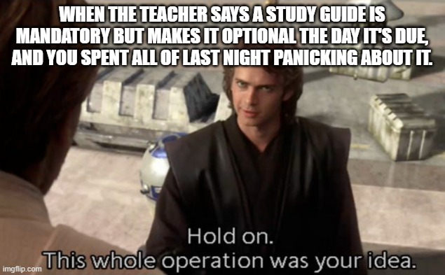Hold on this whole operation was your idea | WHEN THE TEACHER SAYS A STUDY GUIDE IS MANDATORY BUT MAKES IT OPTIONAL THE DAY IT'S DUE, AND YOU SPENT ALL OF LAST NIGHT PANICKING ABOUT IT. | image tagged in hold on this whole operation was your idea | made w/ Imgflip meme maker