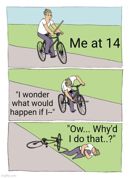 Bike Fall | Me at 14; "I wonder what would happen if I--"; "Ow... Why'd I do that..?" | image tagged in memes,bike fall | made w/ Imgflip meme maker