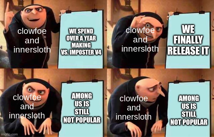 Gru's Plan | WE FINALLY RELEASE IT; clowfoe and innersloth; clowfoe and innersloth; WE SPEND OVER A YEAR MAKING VS. IMPOSTER V4; clowfoe and innersloth; clowfoe and innersloth; AMONG US IS STILL NOT POPULAR; AMONG US IS STILL NOT POPULAR | image tagged in memes,gru's plan,among us,friday night funkin,bruh,oh wow are you actually reading these tags | made w/ Imgflip meme maker