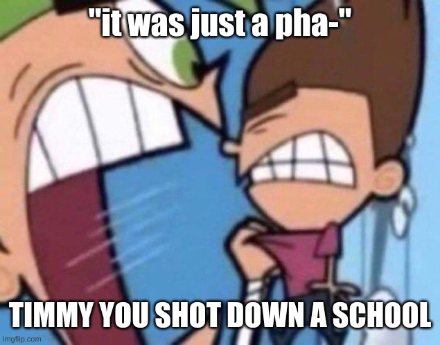 it was just a phase!!!!!!!!1 | "it was just a pha-"; TIMMY YOU SHOT DOWN A SCHOOL | image tagged in cosmo yelling at timmy | made w/ Imgflip meme maker