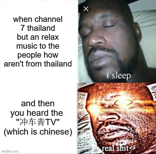 thailand meme | when channel 7 thailand but an relax music to the people how aren't from thailand; and then you heard the 
''冲车青TV''
(which is chinese) | image tagged in memes,sleeping shaq,channel,seven,thailand | made w/ Imgflip meme maker