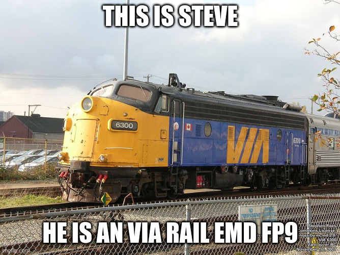 This is steve | THIS IS STEVE; HE IS AN VIA RAIL EMD FP9 | image tagged in canadian,train | made w/ Imgflip meme maker